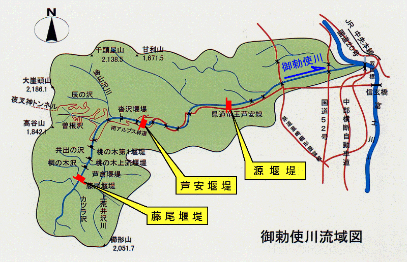 御勅使川堰堤群位置図